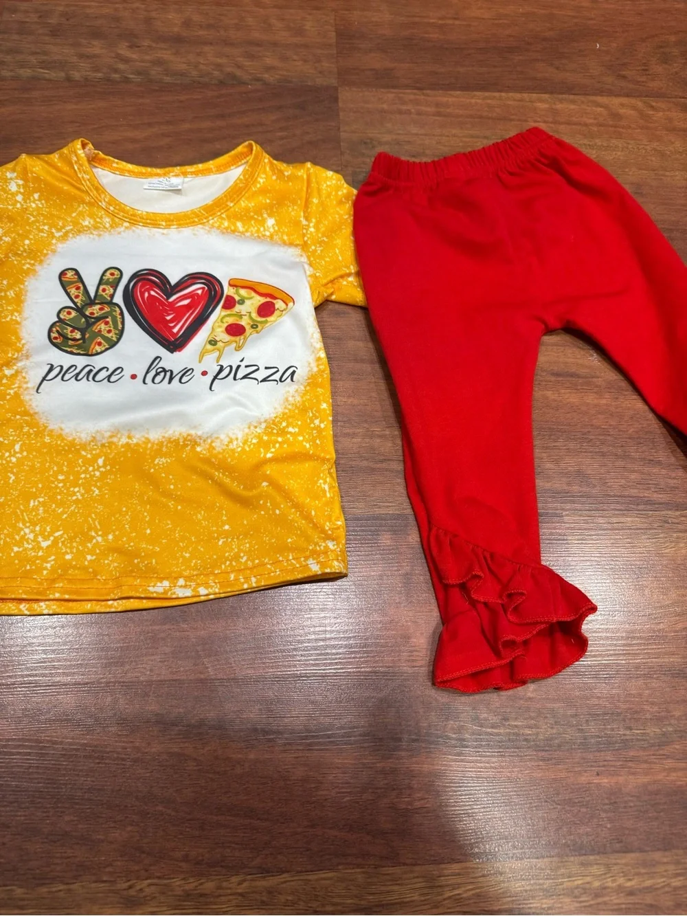 Peace Love Pizza Yellow Tee & Red Ruffle Pants Set